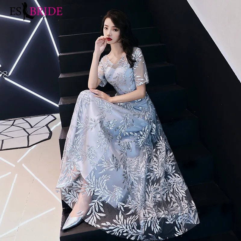 

Robe De Soiree Sexy V-neck A-line Short Sleeve Lace Teal Evening Dresses Fashion Long 2019 Elegant Wedding Guest Gowns ES1410