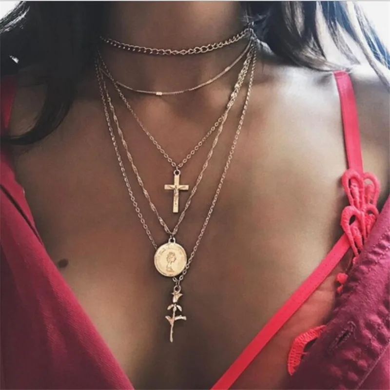 

New Vintage Boho Multi-layer Pendant Necklace for Women Gold Rose Flower Metal Necklace Tribal Necklace Collar