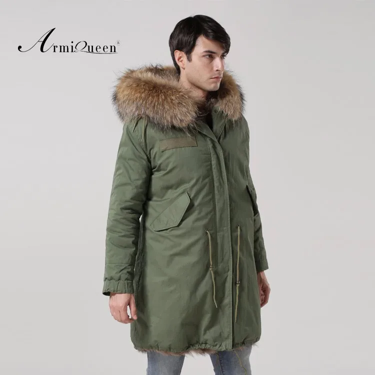 Мужское толстое теплое зимнее ветрозащитное пальто из натурального Лисьего меха, зеленое пальто с воротником из меха енота