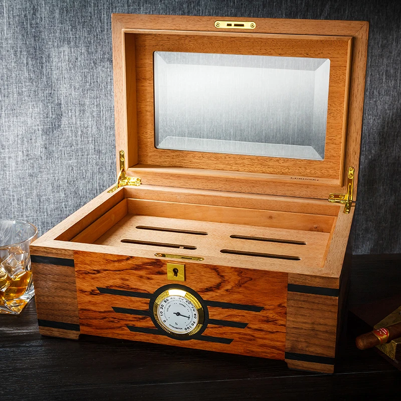 LUBINSKI High end Lacquer Cedar Wood Glass Cigar Humidor With Lock