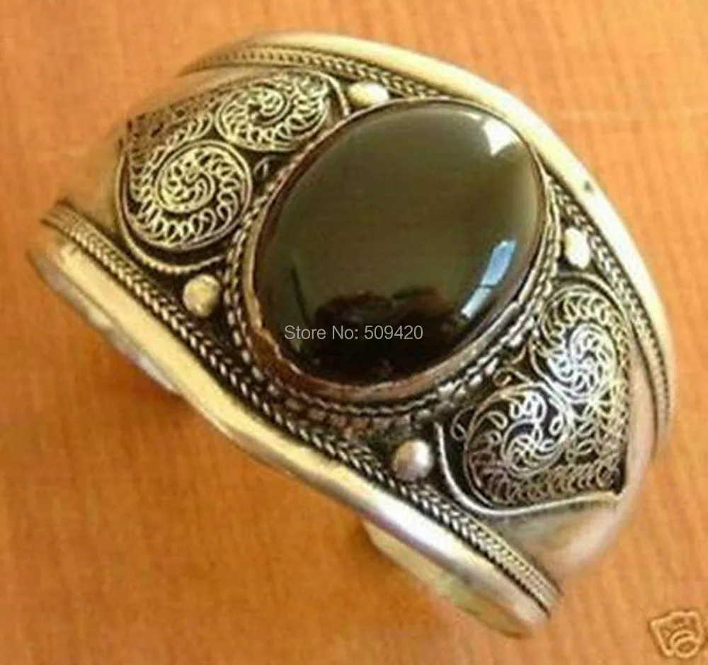 

tibet silver Jewellery real 18x25mm black jade cuff bracelet