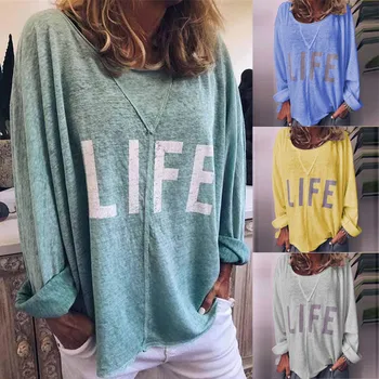 

Autumn Women's New Fashion Casual Deep Round Neck Long Sleeve Letter Shirt Blouse Wholesale Free Ship рубашка женская Z4