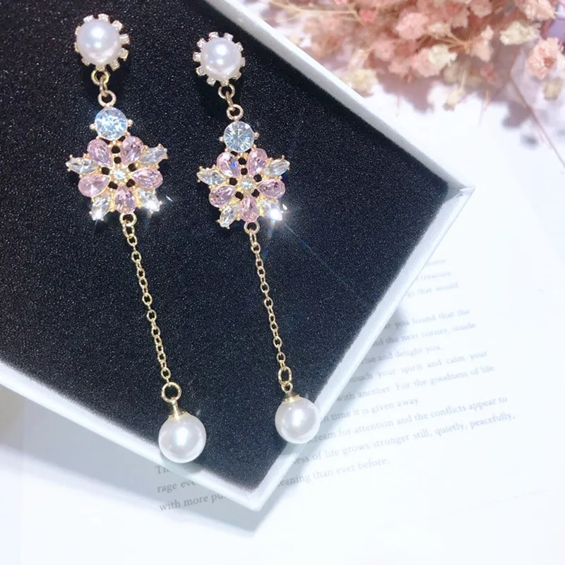 

New Temperament Bling Rhinestone Flower Long Chain Pearl Pendant Jewelry Japanese Korean Style Drop Earrings For Women 6C4013