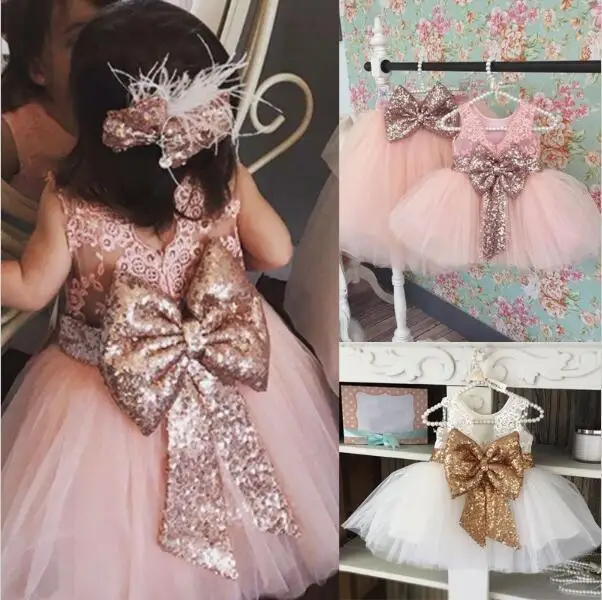

Flower Girl Dresses For Weddings Pink Princess Sequined Appliqued Lace Bow Kids White First Communion Five Colors Custom Made