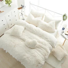 Solid Color Princess Bedding Sets Luxury 3/4/6/7pcs Snow White lambs wool Bed Skirt Duvet Cover Bedspread Bedclothes Linen