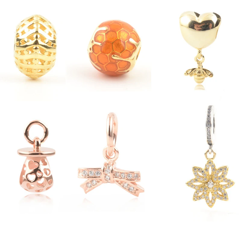 

Silver Original 925 Honeybee Charms fit Pandora Bracelet Rose Gold&Gold Sweet Bee Home Nest Nipple Bottle Beads Pendant Mom Gift