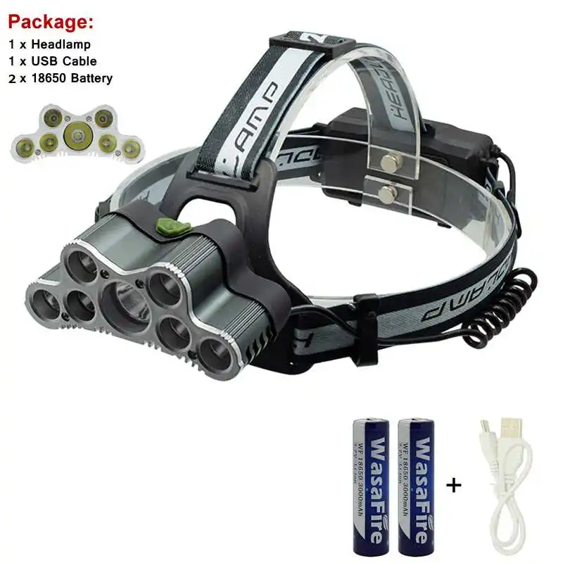 

20000lm 7 Led Headlamp 5*XML T6+2* Q5 USB Rechargeable Head Lamp Light Fishing Frontal Flashlight Waterproof 18650 Hunting Torch