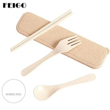 FEIGO 3 Pcs/Set Western Cutlery Wheat Straw Dinnerware Set With Travel Tableware Kitchen Knife Fork Tableware Set 4 Colors F423 bf423 f423 page 3