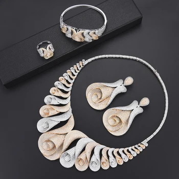 

Trendy Tulip Bridal Jewelry Sets Cubic Zirconia Nigeria Dubai Bridal Necklace Earrings Bracelet Ring Jewelry Sets For Women