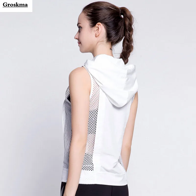 

Patchwork mesh women yoga shirt hooded sleeveless sports running clothing womens fitness gym t-shirt femme ropa deportiva