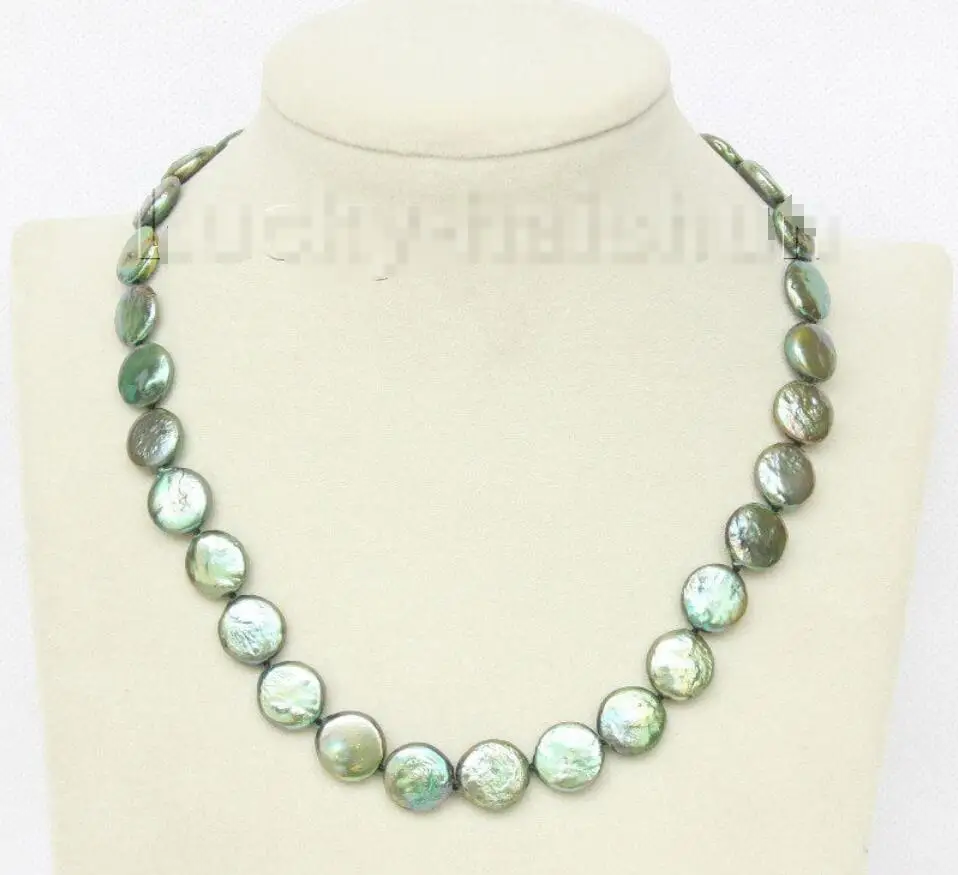 

Hot sale new Style >>>>>luster 17" 12mm coin fastener green pearls necklace filled gold clasp j950