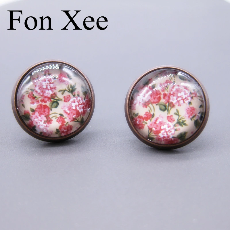 

Fon Xee Vintage Red Floral Printed Glass Cabochon Stud Earrings Women 12mm 3 Options Ear Piercing Studs Bohemian Jewelry rd060