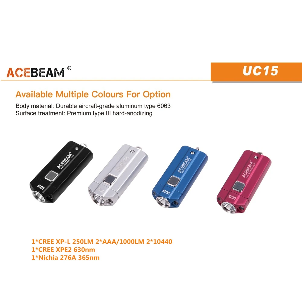 

ACEBEAM UC15 EDC keychain light Cree XP-L2 / XPE2 /Nichia LED max. 1000lm beam distance 107m white ,red UV light mini flashlight
