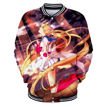 

Sailor Moon 3D Print Plus Size Baseball Round Collar Button Bomber Jackets Long Sleeves College girl Coat 2019 Women's Jacket