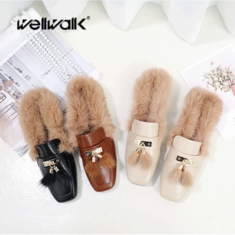 

Fur Slippers Female Winter Shoes Square Toe Furry Mules With Fringes Real Fur Slides Ladies Casual House Slippers Cute Slippers