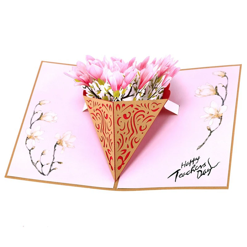  3D Laser Cut Handmade Hollowed Carving Happy Teachers' Day Pink Magnolia Paper Invitation Greeting  - 32908241804