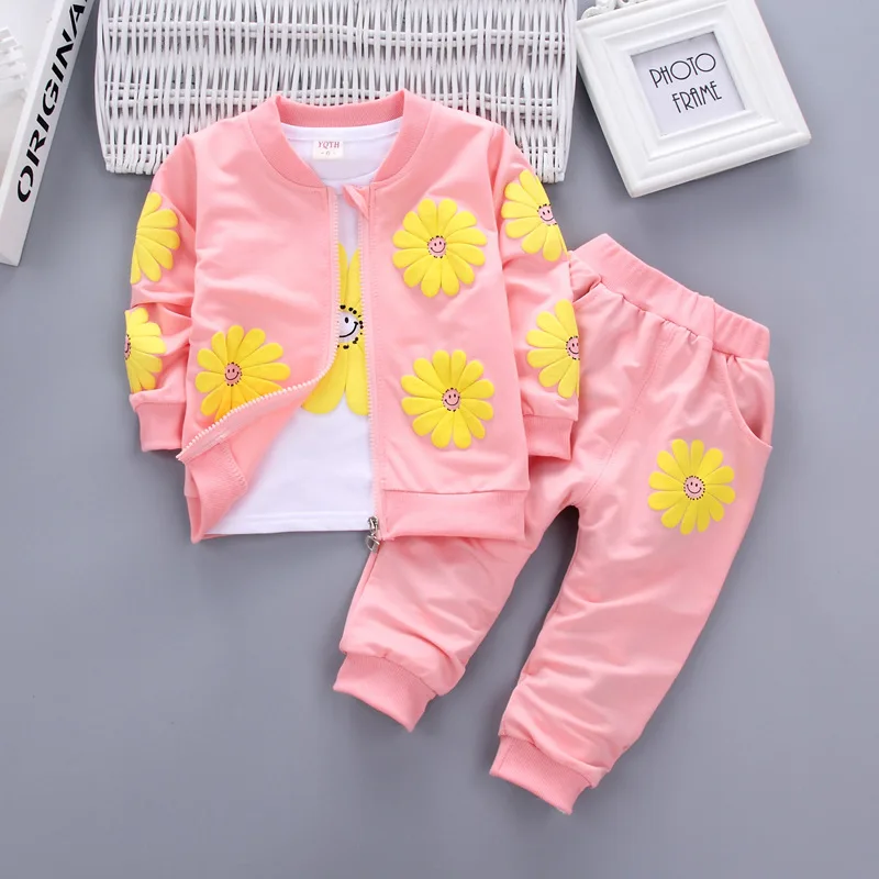Комплекты одежды для новорожденных девочек весенне-осенний комплект одежды из 3 предметов для малышей, пальто с цветочным принтом+ футболка+ штаны, 3 предмета, одежда для малышей - Цвет: pink sets