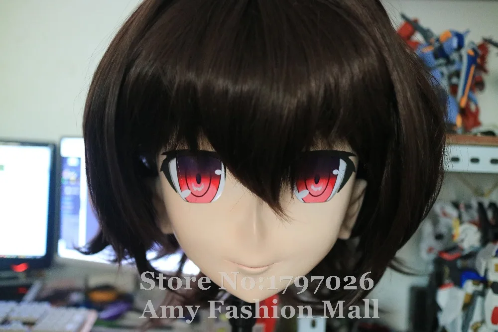 100% Handmade Silicone Full Head Kigurumi Masks Cosplay Pink Eyes Brown Hair Crossdresser Kigurumi Mask with Wig Can Customized