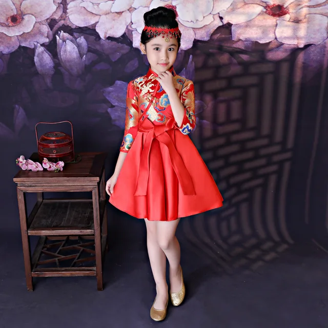 Chinese Traditional Dress Kids red Cheongsam Children Kindergarten Girl