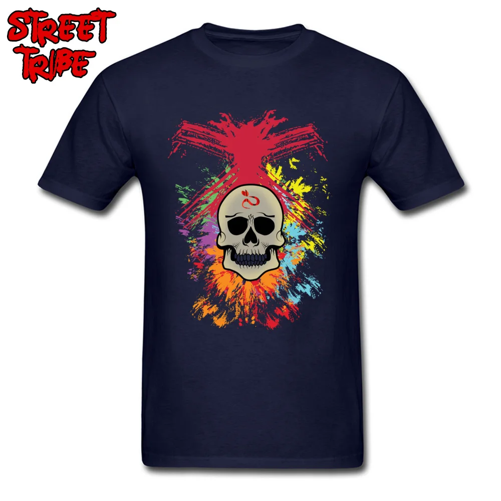 Colorful Skull Tshirts Special Short Sleeve Casual 100% Cotton O-Neck Men Tops Shirt Fitness Tight Tshirts Summer Fall Colorful Skull navy