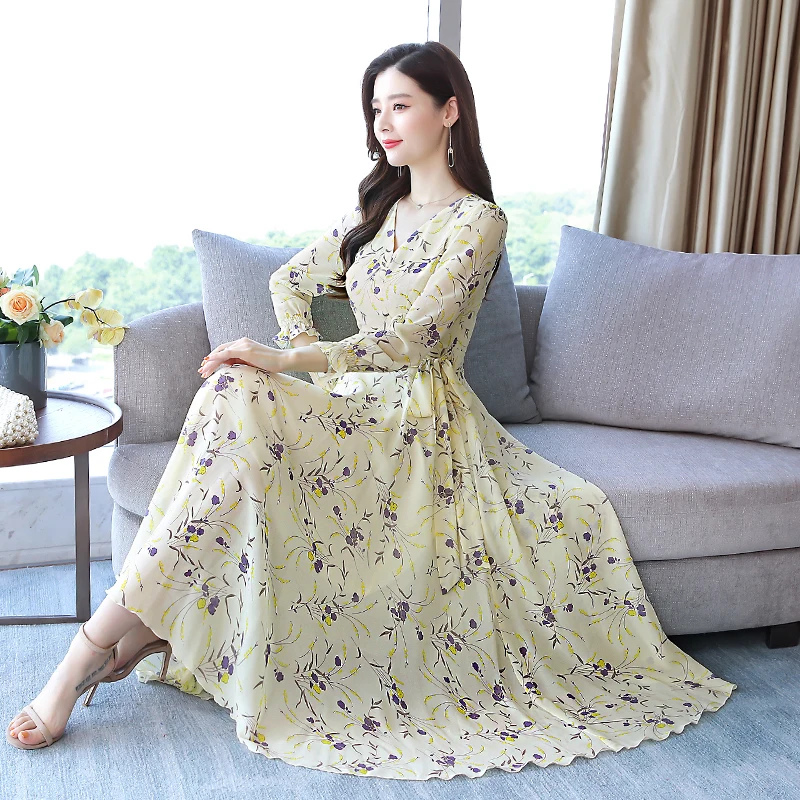 

2019 Autumn New Arrival Plus Size M-3XLKorean V Collar Long Sleeve Woman Chiffon Long Dress Bohemian Beach Style