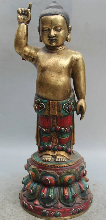 

song voge gem S5615 15" Tibet Bronze Gold turquoise Red Coral Stand young Shakyamuni Amitabha Statue
