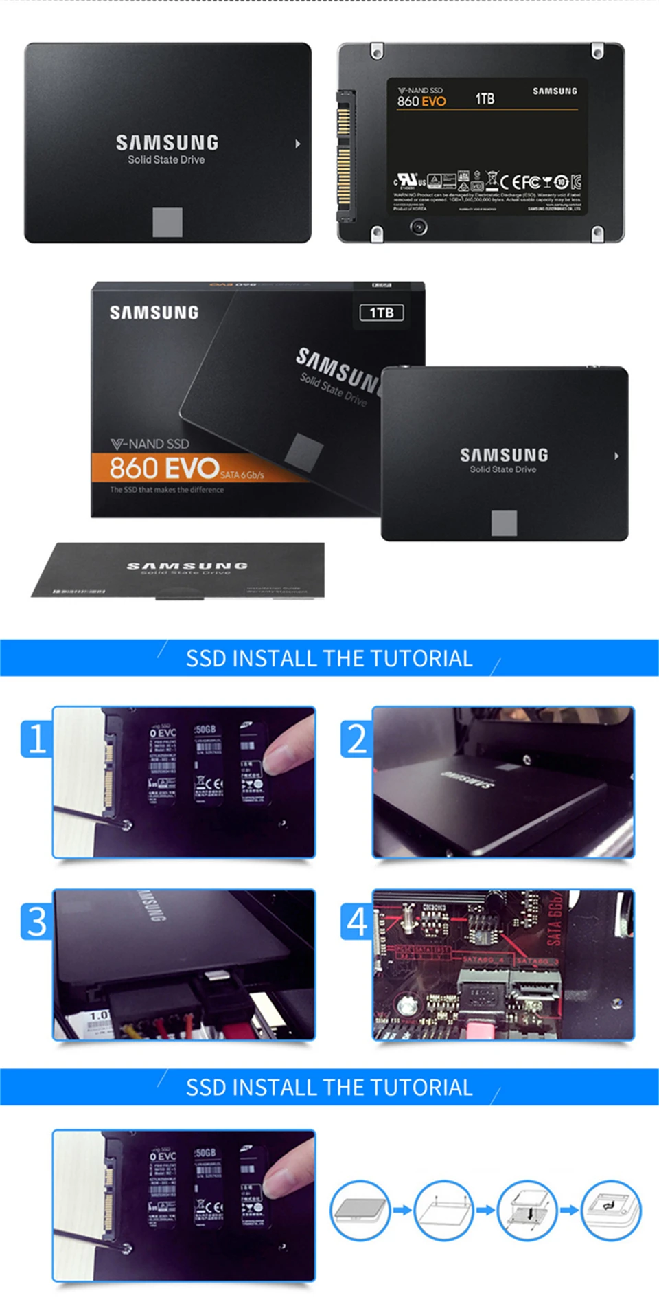 SAMSUNG 860 EVO 250 ГБ 500 1 ТБ Внутренний твердотельный диск 2,5 дюймов SATA3 SSD твердотельный диск для ноутбука Настольный ПК TLC disco duro 500 Гб