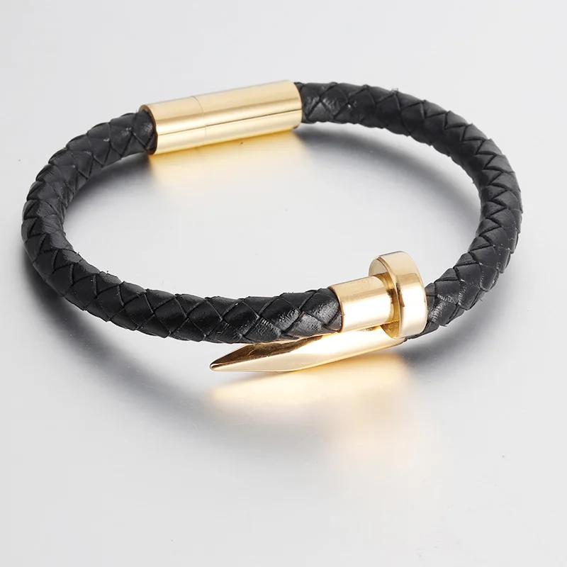 Модный 6 мм черный браслет из натуральной кожи для мужчин нержавеющая сталь инструменты манжеты цепи браслеты и браслеты для мужчин ювелирные изделия