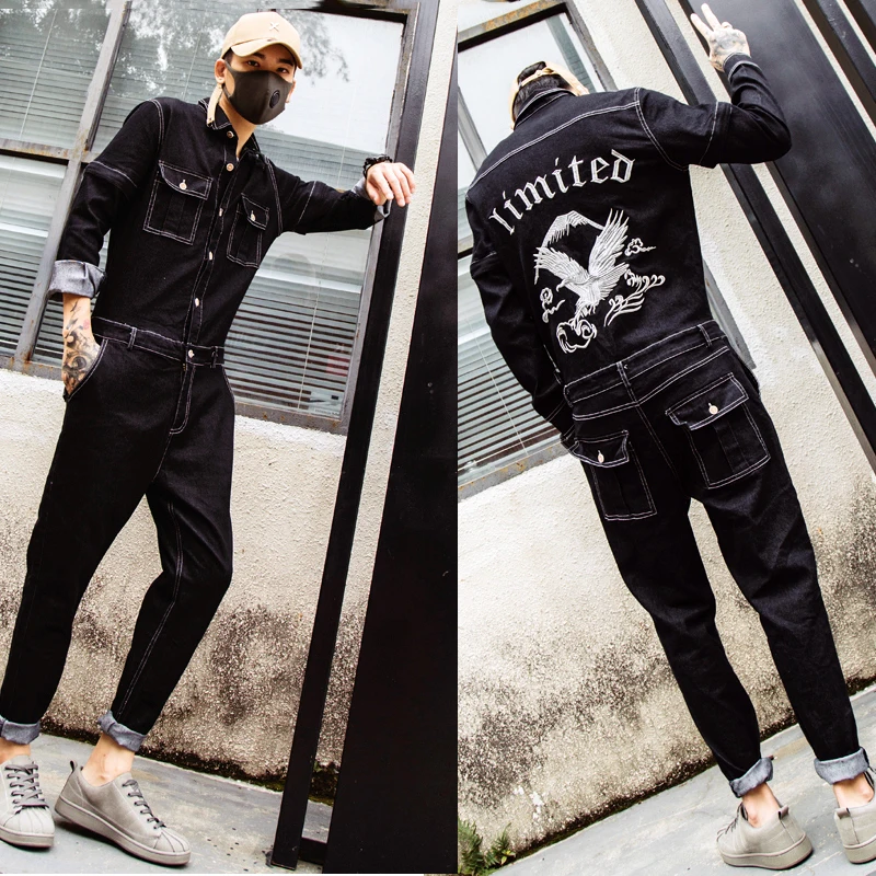 

New 2018 Men's clothing GD Hair Stylist fashion Retro Embroidered Eagle rompers loose couple One-piece garment singer costumes