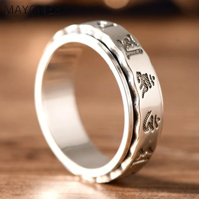 

Real 925 Sterling Silver Spinner Six Words Mantra Rings For Men And Women Rotatable Vintage Style Om Mani Padme Hum FIne Jewelry