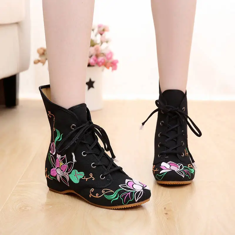 Теплые короткие плюшевые зимние ботильоны женская обувь в стиле «Старый Пекин» Женская обувь с вышивкой Женская обувь в национальном стиле - Цвет: black