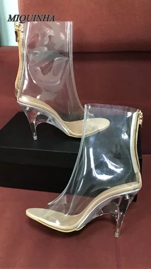 new style transparent women ankle high booties zipper peep toe thin high heel shoes party fashion multipurpose footwear