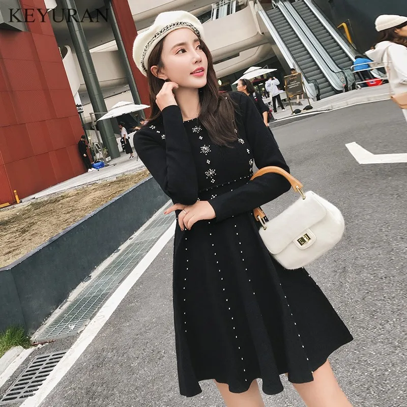 Luxury Goddess Spring Knitted Ball Gown Dress Fashion Women Red Beading Sweater Dress High Quality Elastic Dresses L2825