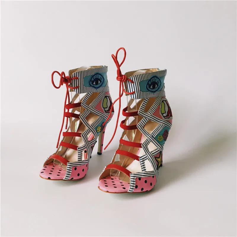 Новые цветные женские летние ботильоны; кожаные сандалии на высоком каблуке с вышивкой; модные ботинки-гладиаторы на шнуровке; zapatos mujer