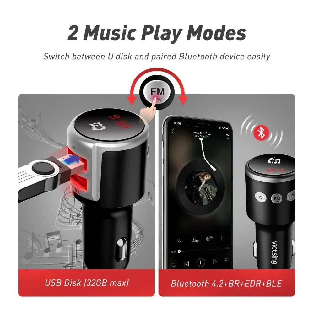 VicTsing Bluetooth FM Transmitter for Car QC3.0 Wireless Bluetooth 4.2 Radio Transmitter Adapter Hands-Free Dual USB Charger     (8)