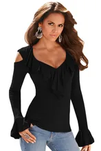 New 2017 Fashiion Feminina Blusas Women Black Grey Ruffle Cold Shoulder Long Sleeve Top Hot Selling Clothing LC25892