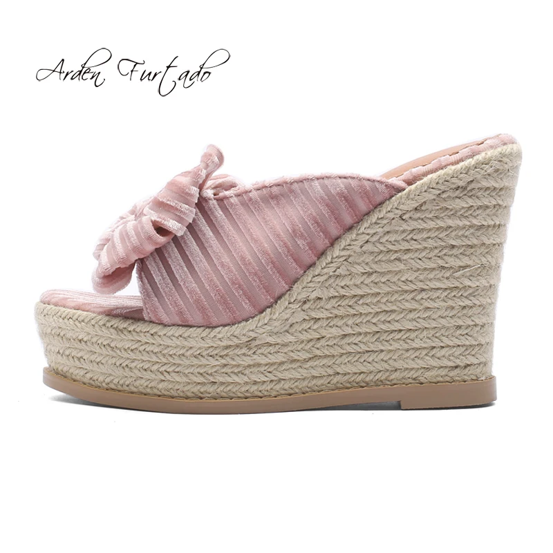 

Arden Furtado 2019 summer high heels wedges peep toe platform slippers pink butterfly knot rome slides high heels sandals 11cm