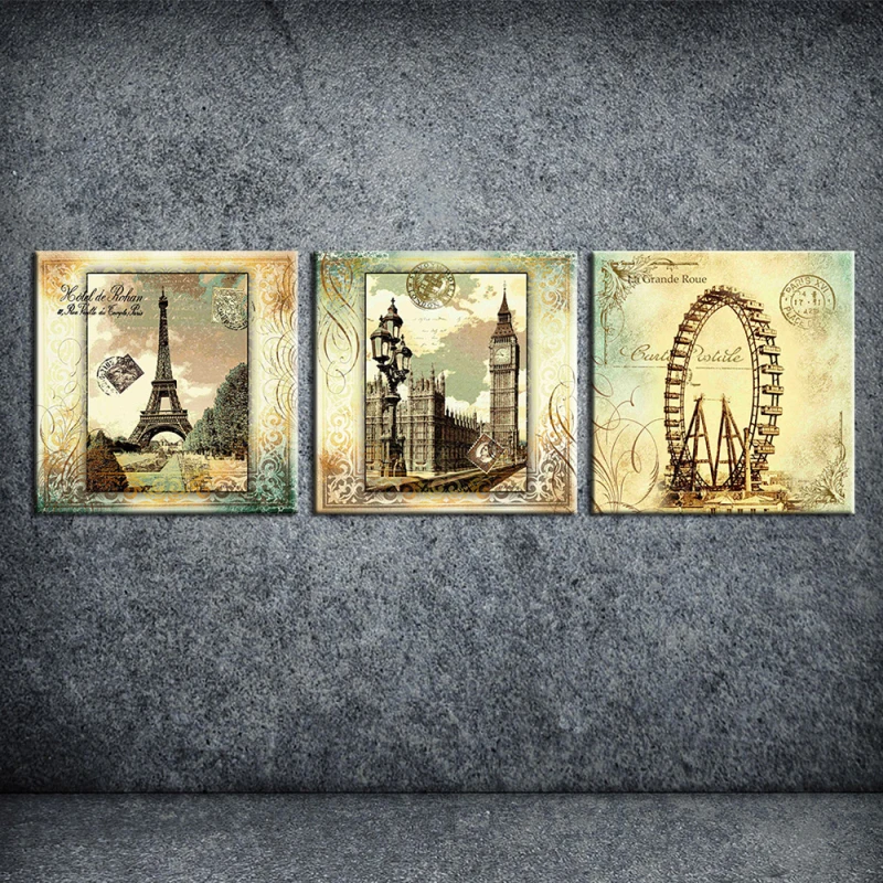 

3PCS London Retro Building Stamps Ferris wheel Wall Vintage Oil Painting Prints on Canvas Landscape Pictures Home Decor Cuadros