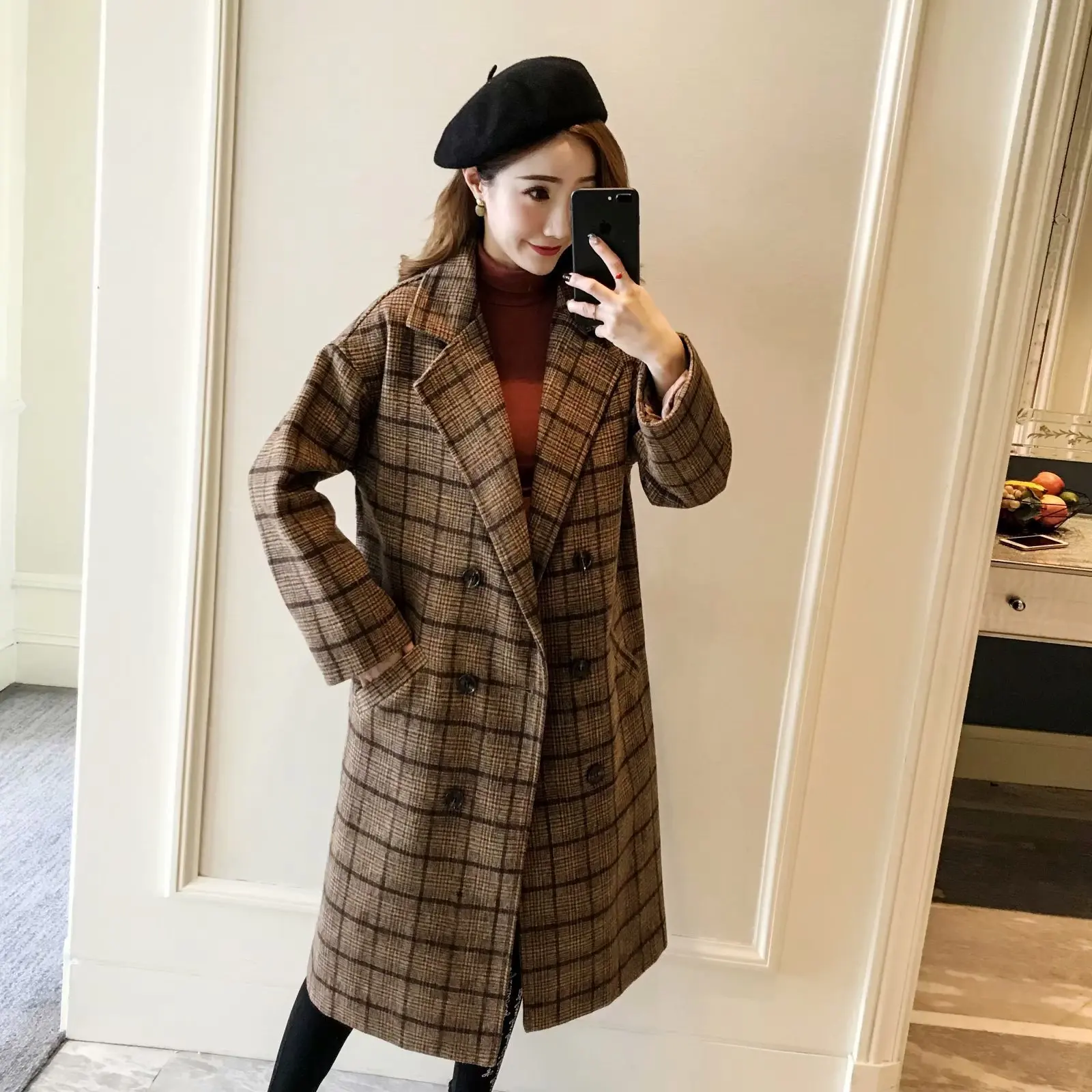 

Loose Casual Long Winter Fashion Wool Coats Plaid Wool Blend Coat and Jacket Double Breasted Coat Femenino