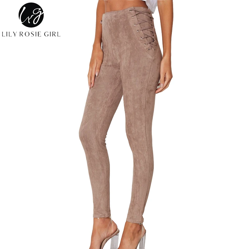 Koop Lelie Rosie Meisje Lace Up Suede Vrouwen Lange Broek 2017 herfst Winter Hoge Taille Elastische Slanke Potlood Broek Skinny Bodycon broek