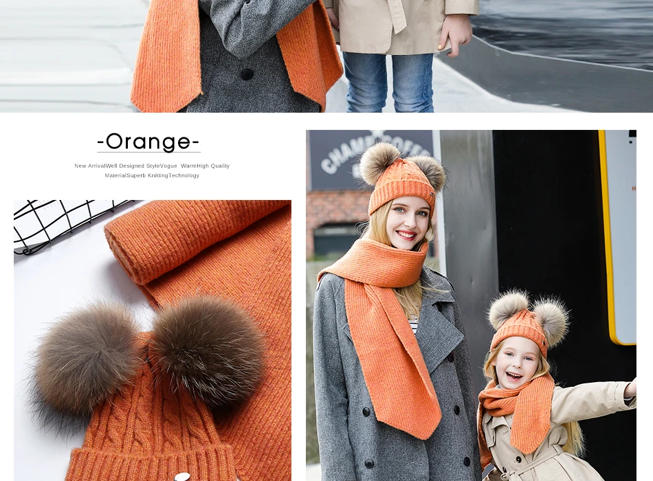 Parent-child Hat And Scarf Set Solid Winter Skullies Beanies With Fur Pompom High Quality Wool Knitted Hat Caps Children (11)