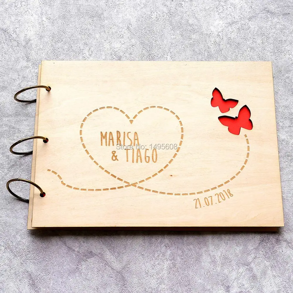 personalized butterfly wedding Wooden Hearts Guest book Memory album engraved Alternative guestbooks birthday party favors