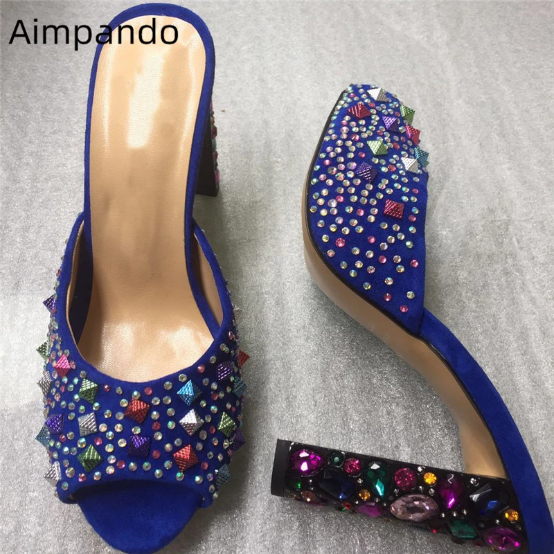 

Colorful Rivet Crystal Suede Slippers Women New Arrival Open Toe Rhinestone High Heel Mules For Lady Diamond Slides Woman