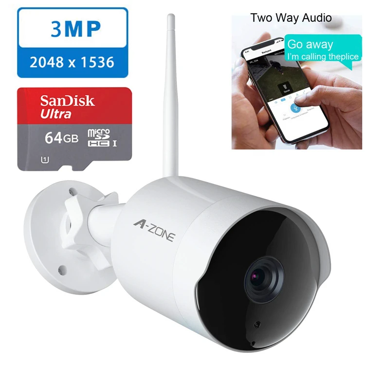 

A-ZONE HD 3MP IP Camer Bullet Security Camera Outdoor 2.4G IP66 Waterproof Two-Way Audio Night Vision Camera with 64GB TF Card