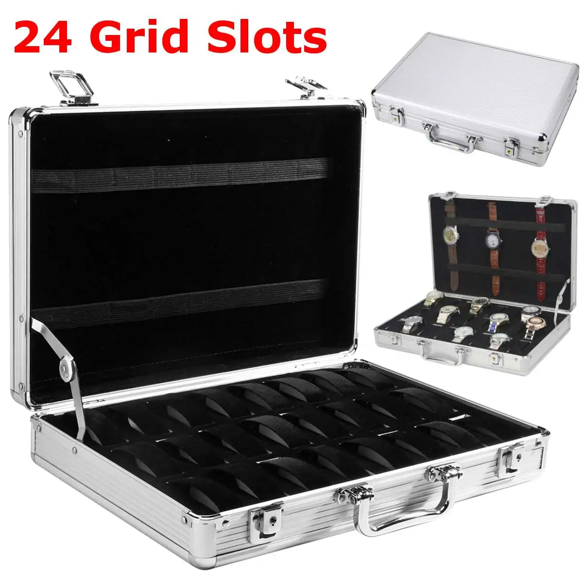 

24 Grid Slots Aluminium Watch Box Display Case Jewelry Collection Casket Storage Organizer Wristwatch Suede Inside Box Holder