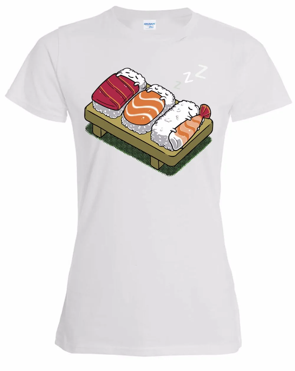 

2019 Cotton Brand Clothing O-Neck Short Sleeve Sleeping Sushi Japan Culture Cute Art Artwork White Women Clothing Tee Shirt