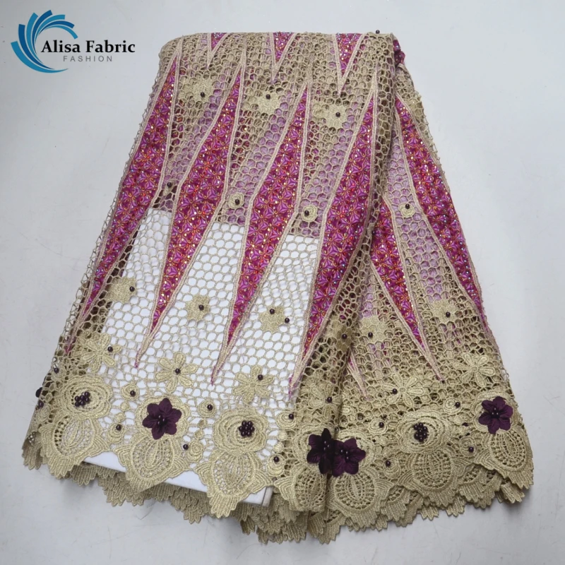 

High quality Cord lace fabric Embroidery with Beads and Stones Ankara African Wax Lace fabric For Party Women dress 5 Yards/pcs