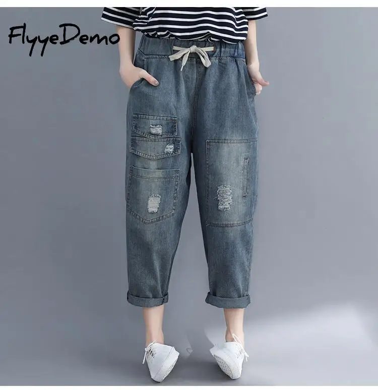 

2019 New Autumn Oversized Fashion Ankle Length Denim Pants Patchwork Hole Pocket Elastic Waist Casual Jeans Woman Pants Big Size