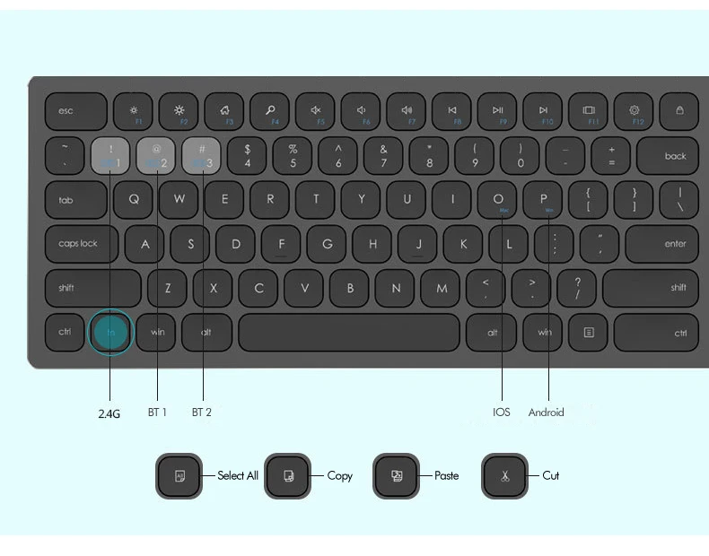 Ультра тонкая 4,0 Bluetooth и 2,4 ГГц беспроводная клавиатура, алюминиевый металлический корпус/продолжительная работа с удобными круглыми клавишами