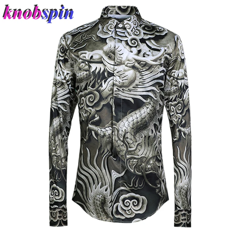 

Overbearing Dragon Printed Shirt men 2019 Slim Casual chemise homme long sleeve Plus size Camisas Business male Dress Shirts